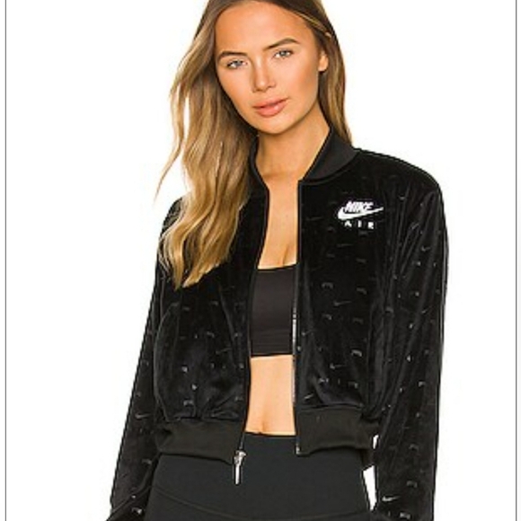 Nike Other - Nike Air Velour Women All Over Swoosh Print Cropped Jacket Black Size SMALL